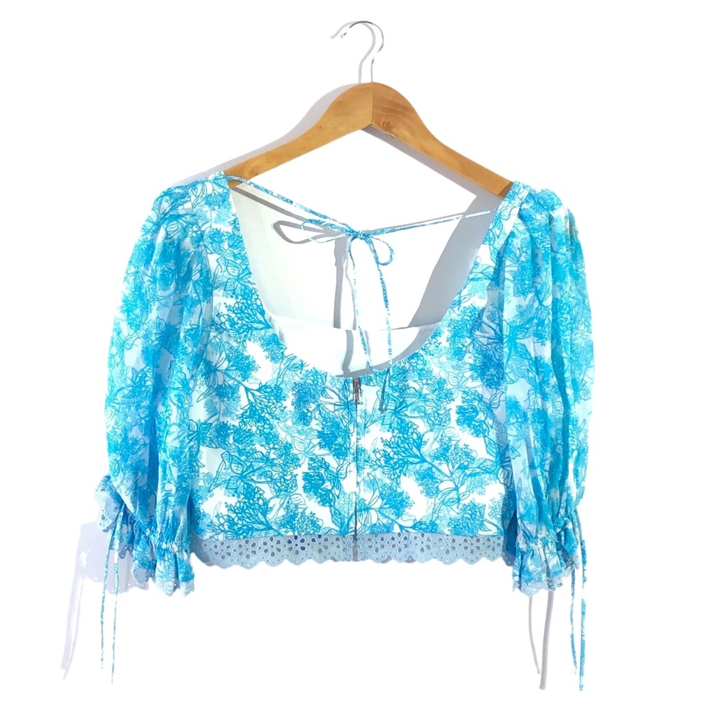 Cartolina Nantucket Blue White Floral Eyelet Ruffled Crop Top